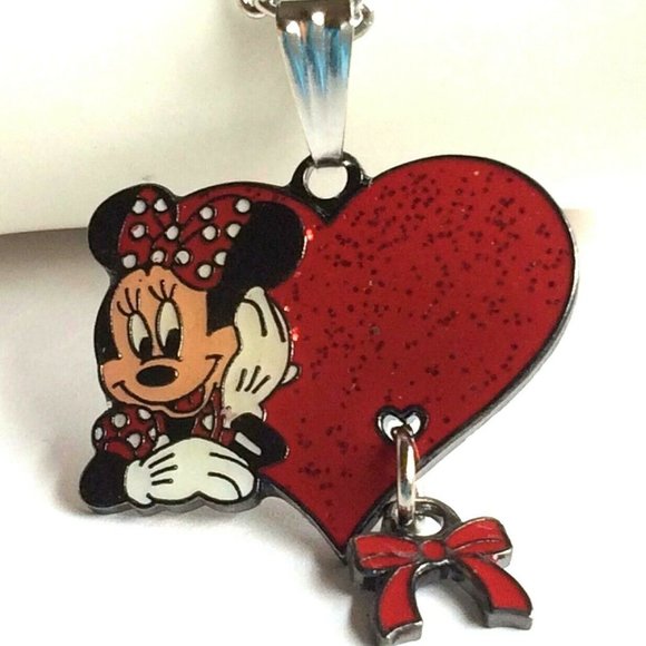 Vintage Disney Minnie Mouse Charm Necklace Silver Plated Enamel Disneyana 20" - Picture 3 of 8